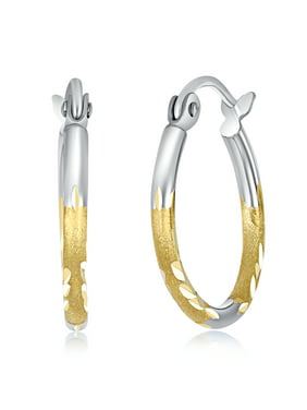 15 x 15 mm Wellingsale Ladies 14k Two Tone White and Yellow Gold Polished Diamond Cut 2mm Hinged Hoop Earrings 